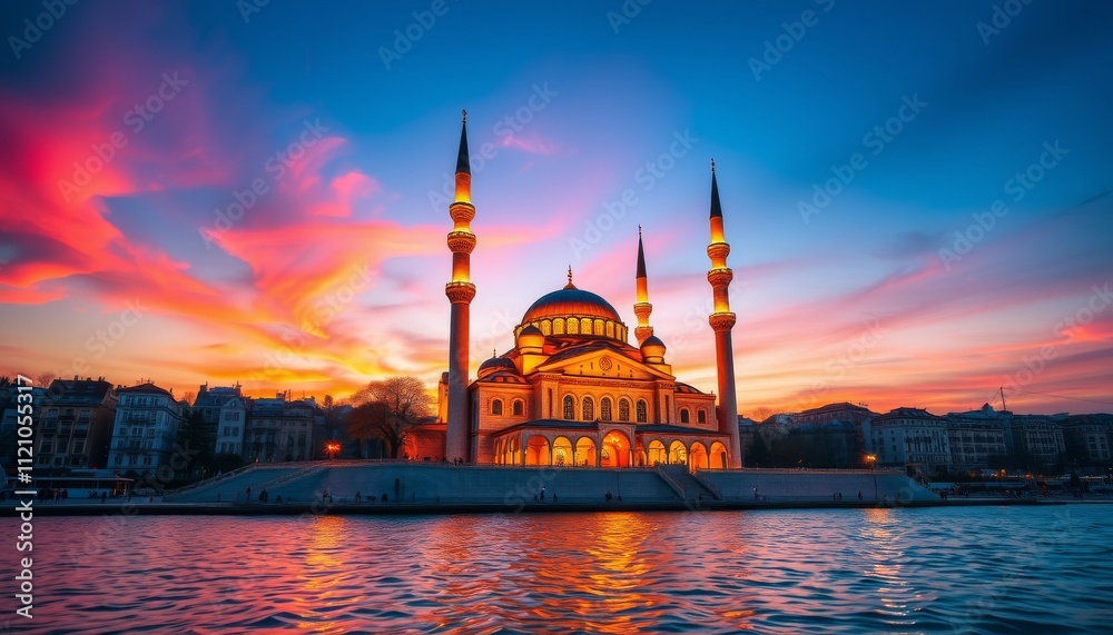 Fototapeta premium Illuminated Mosque at Sunset Over Water Cityscape