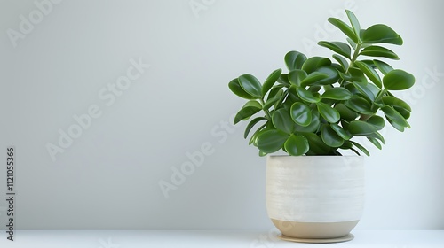 Potted jade plant with thick round leaves on white.