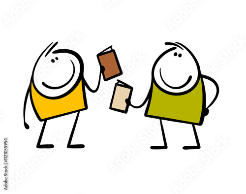 Exchange of interesting books. Vector illustration of bookcrossing between two men. Stickman gives the magazine to the library and takes new literature. Isolated cartoon on white background.