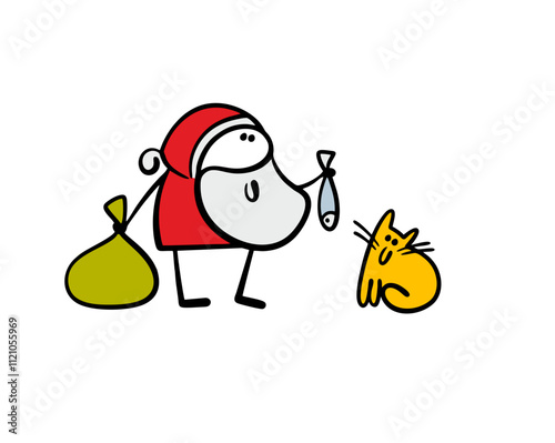 Santa Claus gives presents, holds a bag of gifts and feeds the cat. Vector illustration of a kind stickman giving a fish to a hungry kitten. Merry Christmas, animal.  