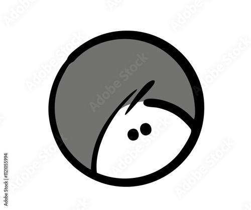 The frightened stickman carefully looks out of the shelter. Vector illustration of a round hole, a child sitting in a hole. Children are playing hide-and-seek. Isolated character on white background.