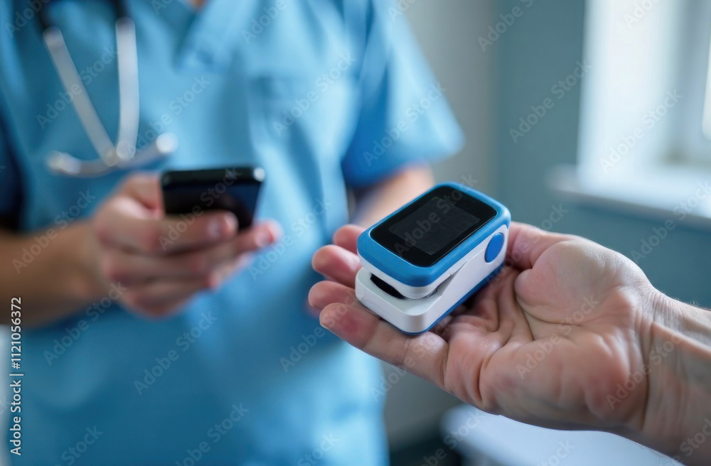 Healthcare worker monitors patient vitals with a pulse oximeter while using a smartphone for data entry Healthcare worker monitors patient vitals with a pulse oximeter while using a smartphone for data entry
