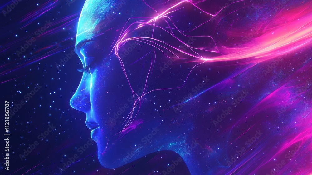 Ethereal Glowing Profile of a Human Face with Neural Paths and Cosmic Elements in Background Ethereal Glowing Profile of a Human Face with Neural Paths and Cosmic Elements in Background