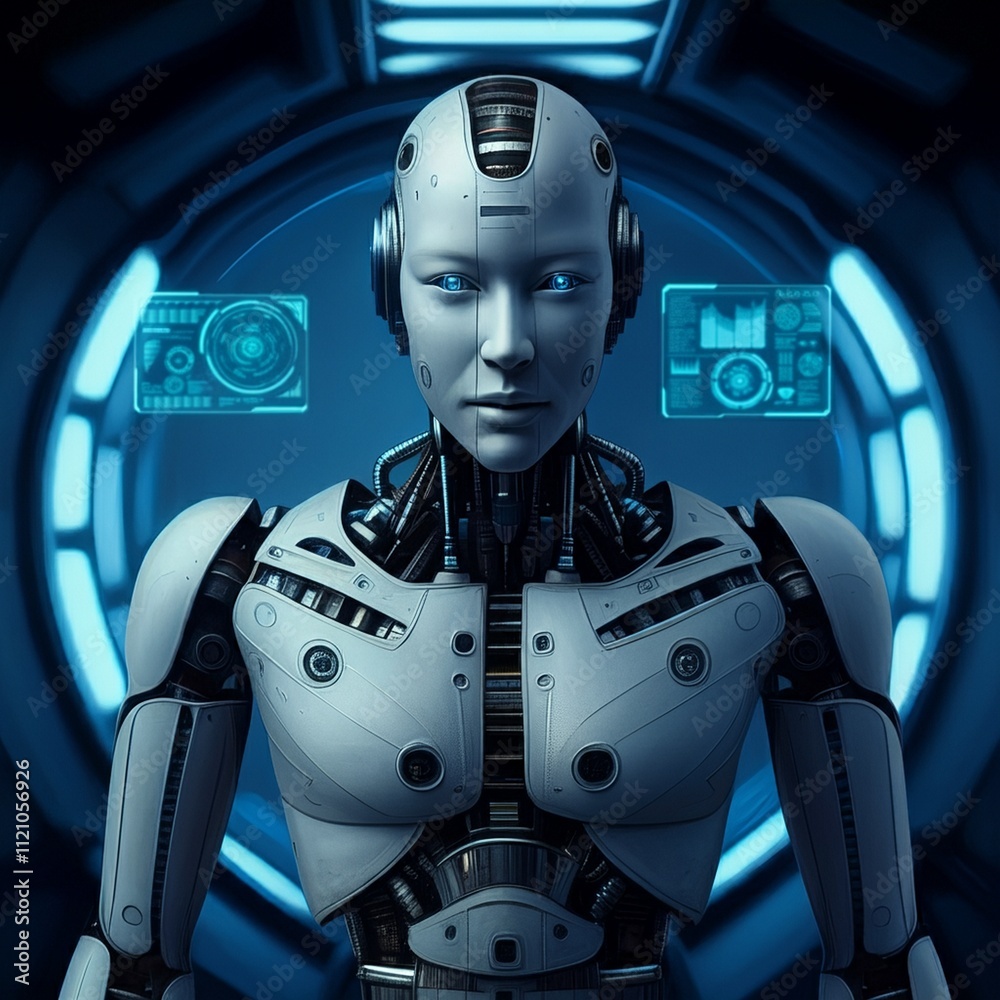 Futuristic Robot Character with Blue Facial Features in a Monochromatic Blue Setting Stock Photo Generated Ai Futuristic Robot Character with Blue Facial Features in a Monochromatic Blue Setting Stock Photo Generated Ai