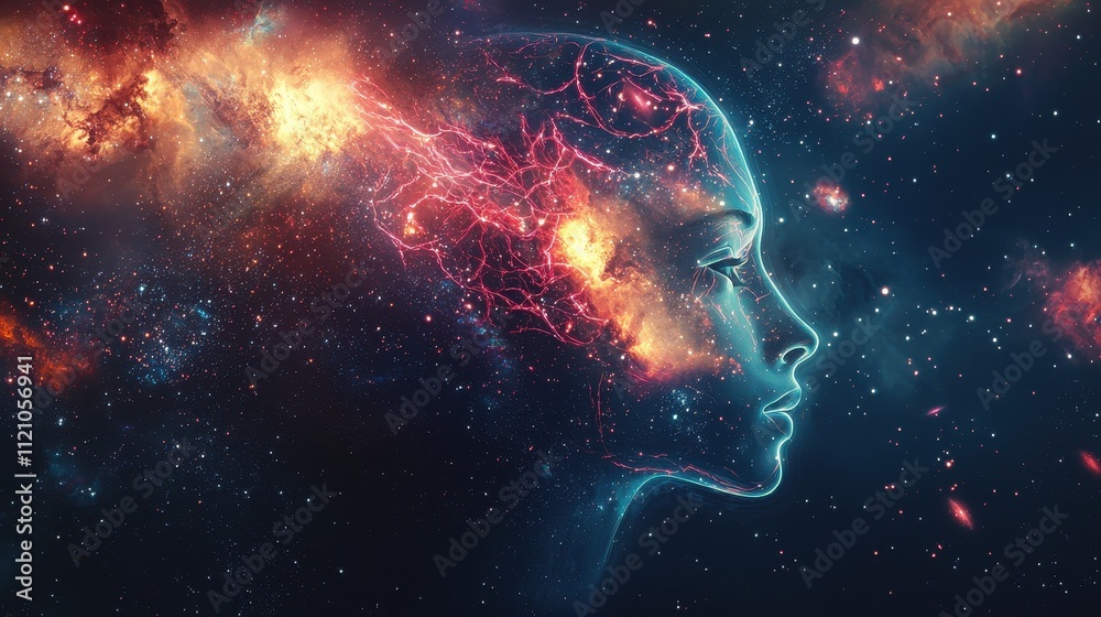 Illuminated Profile View of a Head with Glowing Cosmic Patterns and Artistic Elements Illuminated Profile View of a Head with Glowing Cosmic Patterns and Artistic Elements
