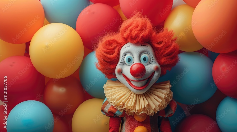 Cheerful clown doll surrounded by colorful balloons. Cheerful clown doll surrounded by colorful balloons.
