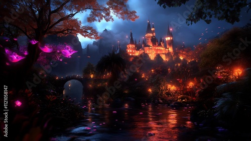 Enchanted Castle at Night: A Magical River Scene photo