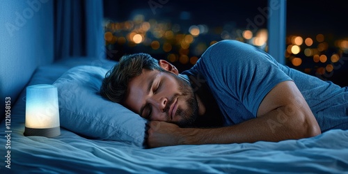 Sleep Hygiene concept, A man peacefully sleeps in a dimly lit bedroom, illuminated by a soft lamp, with a city skyline visible through the window.