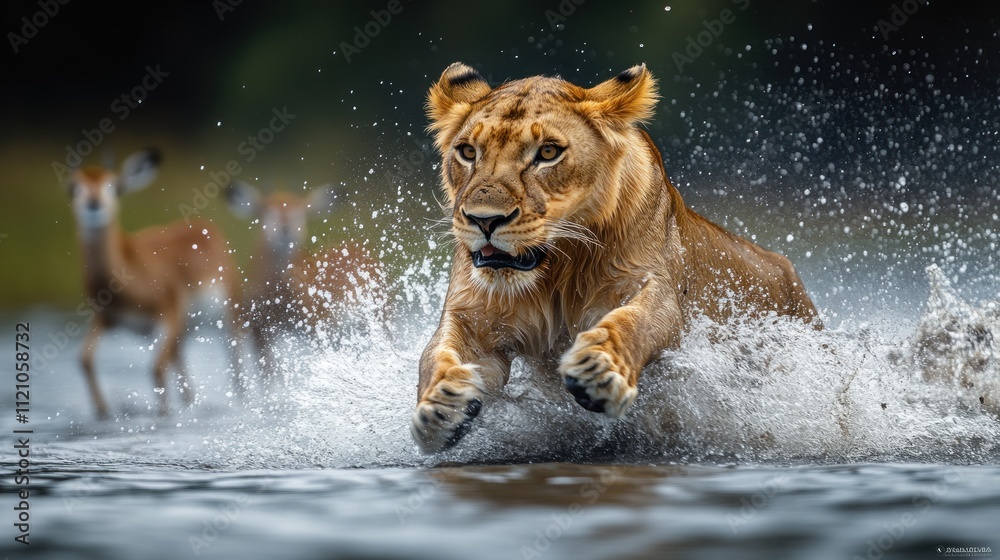 Lioness powerfully leaps through water, chasing impala. Lioness powerfully leaps through water, chasing impala.