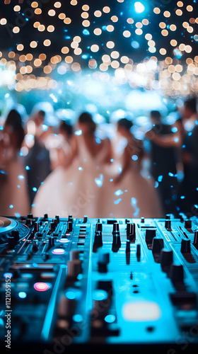 A DJ setup in focus with a blurred dance floor and festive lights in the background.