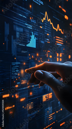 A hand interacts with a digital interface displaying data and analytics.
