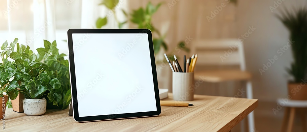 Fototapeta premium Minimalist workspace with tablet and plants.