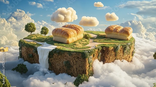 Floating island landscape with bread loaves, trees, and a waterf photo