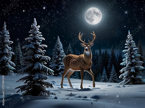 Moonlight On Snowy Christmas Night with twinkling stars ,deer in a starry sky over a forest of pine trees	