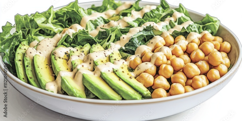 A healthy salad bowl featuring greens, avocado, chickpeas, and a creamy dressing. A healthy salad bowl featuring greens, avocado, chickpeas, and a creamy dressing.