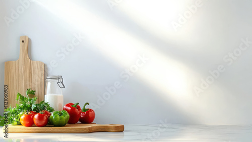 Fresh vegetables on clean kitchen counter with glass jar
