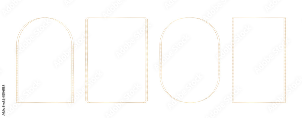 Luxury gold thin geometric frame collection. Rectangle, arch, oval elegant borders with decorative elements for wedding invitation, grand opening, greeting card, certificate, posters. Vector Luxury gold thin geometric frame collection. Rectangle, arch, oval elegant borders with decorative elements for wedding invitation, grand opening, greeting card, certificate, posters. Vector