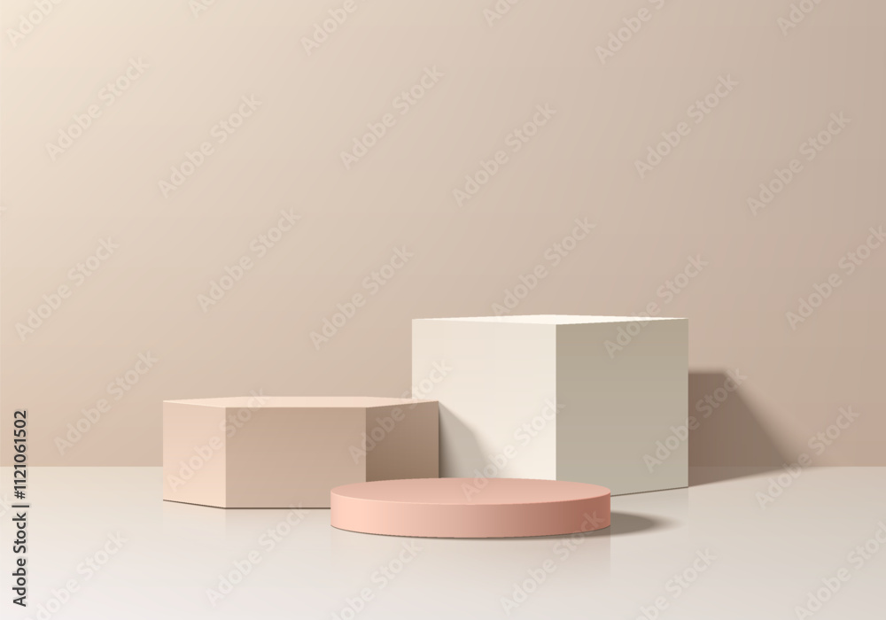 3D beige cylindrical podium background with white cube and cream hexagon pedestal. Minimalist mockup. Abstract product display wall scene presentation, Stage for showcase. Vector platforms design.