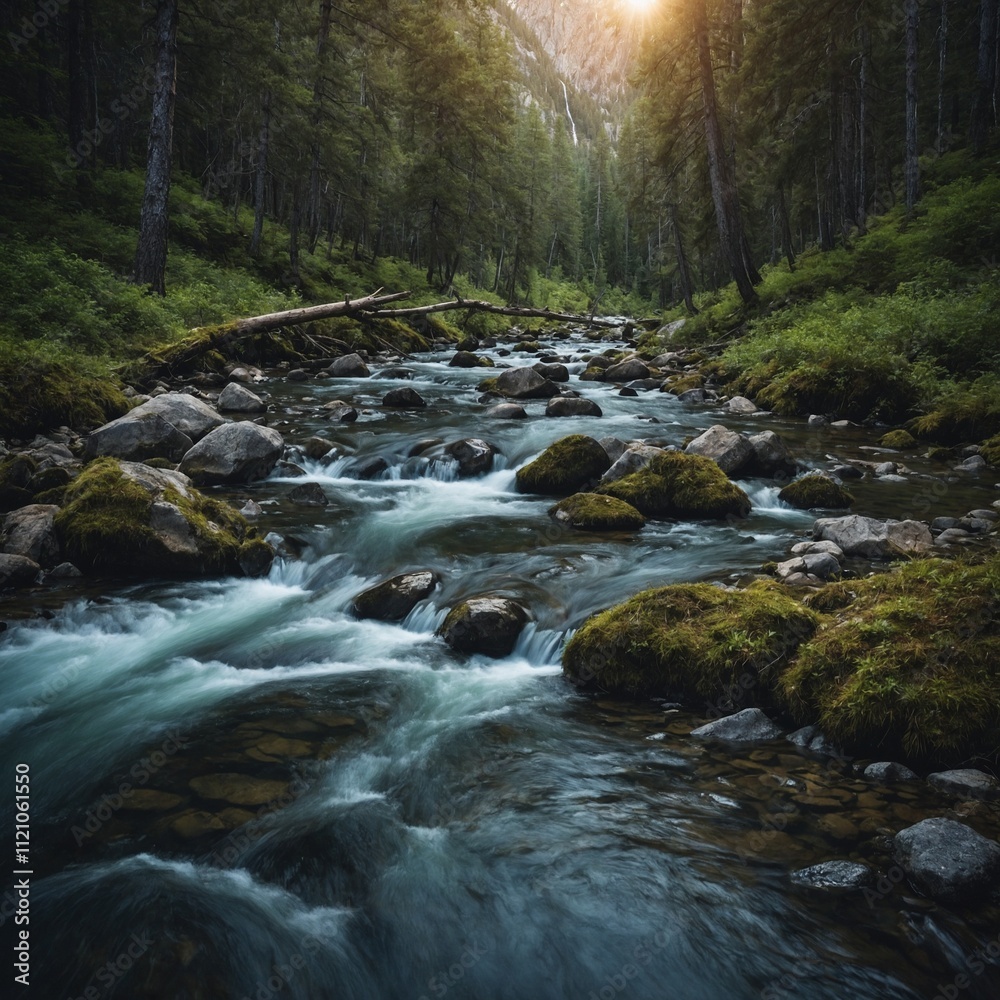 A sparkling mountain stream winding through a forest.
A sparkling mountain stream winding through a forest.