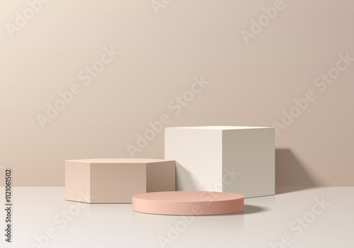 3D beige cylindrical podium background with white cube and cream hexagon pedestal. Minimalist mockup. Abstract product display wall scene presentation, Stage for showcase. Vector platforms design.