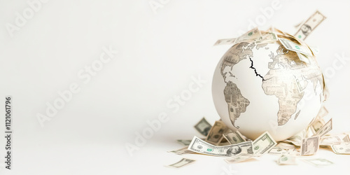 globe with cracks and money surrounding it, symbolizing economic issues