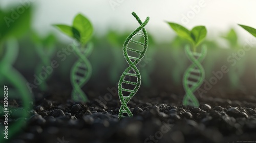 A vibrant green DNA strand rises amidst young plants in a soil bed, symbolizing the fusion of genetics and nature in agriculture.