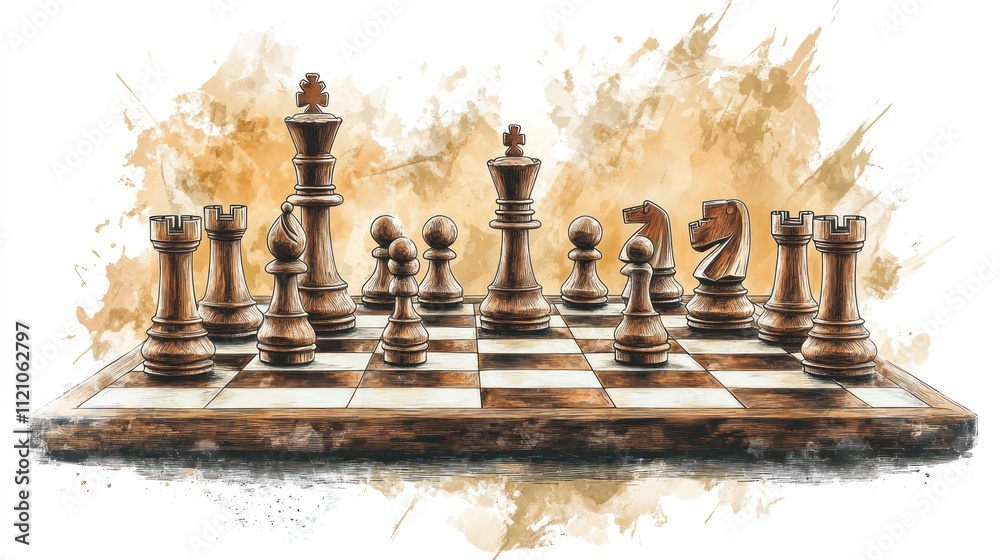 A wooden chess set displayed on a checkered board, highlighting strategy and competition. A wooden chess set displayed on a checkered board, highlighting strategy and competition.