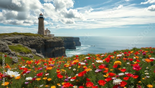 Coastal Lighthouse and Vibrant Wildflower Meadow photo