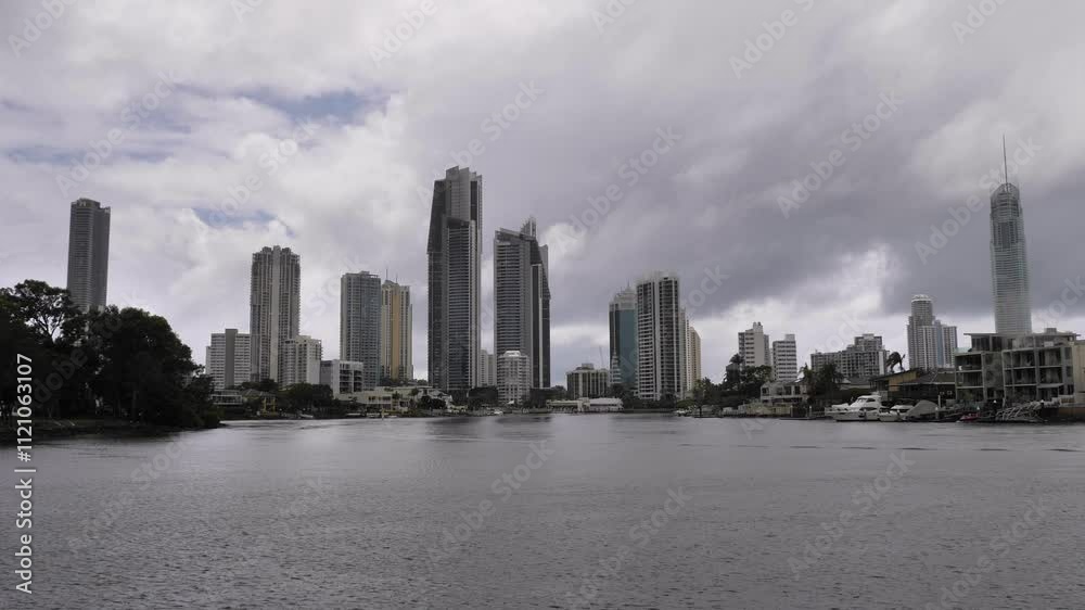 Wide handheld view of Surfers Paradise from Home of the Arts Parkland on a rainy day, Gold Coast, Australia Wide handheld view of Surfers Paradise from Home of the Arts Parkland on a rainy day, Gold Coast, Australia