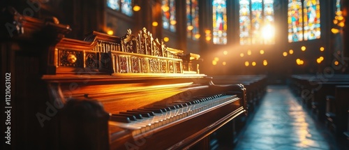 Illuminated Pipe Organ Dimly Lit Church Photography Dramatic Light Low Angle Serene Atmosphere