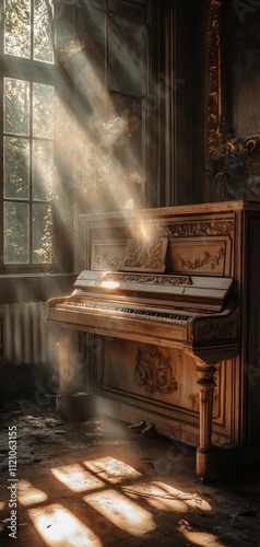Wallpaper Mural Evocative MelodiesOld Upright Piano in a Dusty Room Dramatic Lighting Atmospheric Scene Captured in Serenity Torontodigital.ca