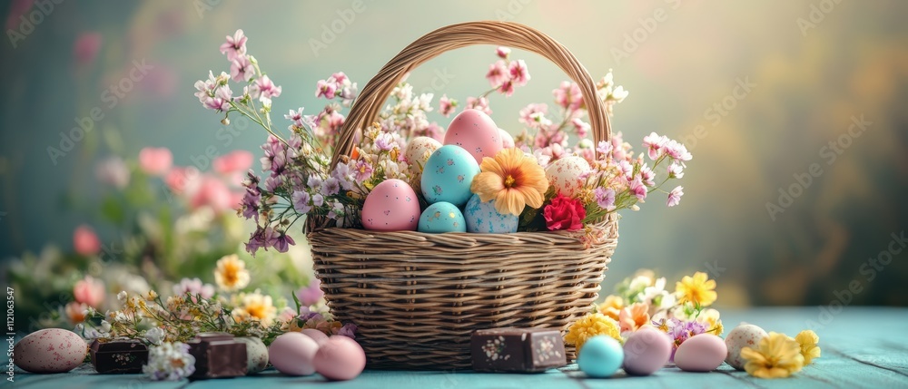 Easter CelebrationPastel Eggs in a Basket Floral Surroundings Still Life Springtime Close-Up Festive Vibes