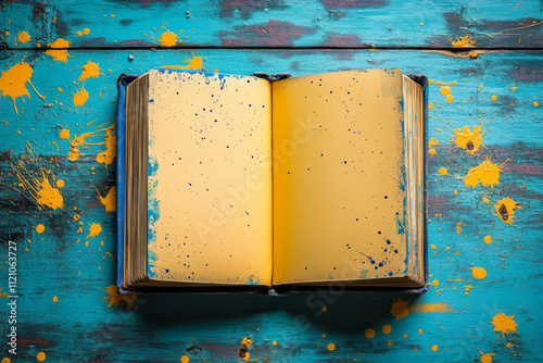 Open book with yellow pages rests on a vibrant teal surface splattered with yellow paint.  A blank canvas for your story.