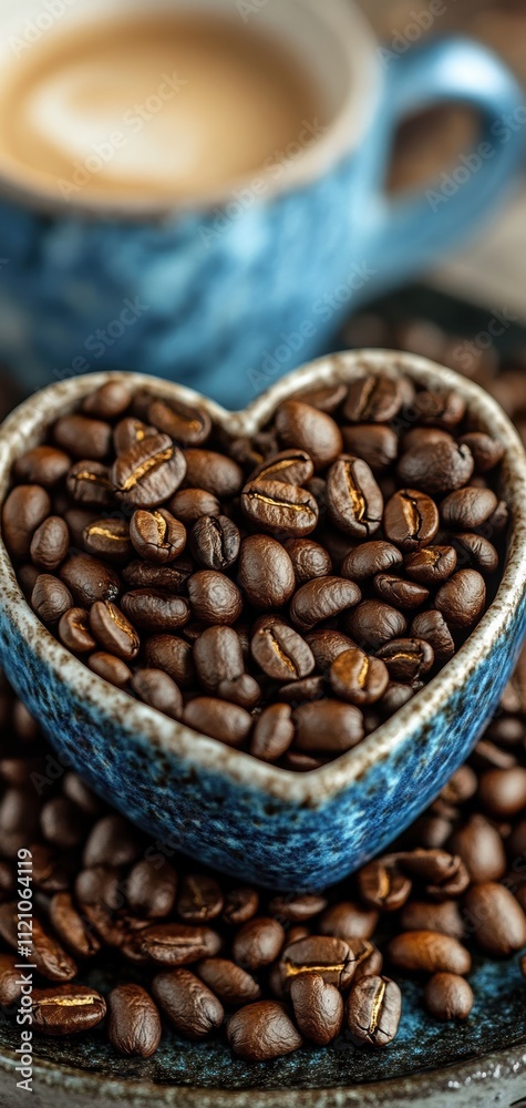 Fototapeta premium Artistic Closeup of Coffee Beans Kitchen Table Photography Warm Environment Macro View Heart-Shaped Concept