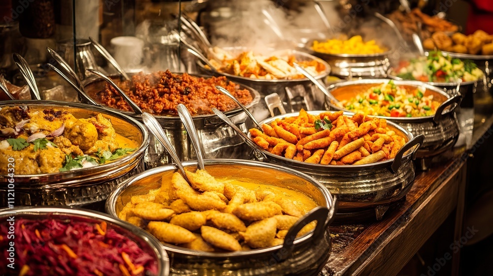 Fototapeta premium A buffet table laden with various delicious and steaming hot Ind