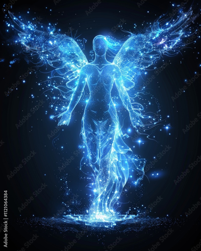 Neon outline of a glowing angel silhouette with blue wings on a dark background for striking visuals Neon outline of a glowing angel silhouette with blue wings on a dark background for striking visuals