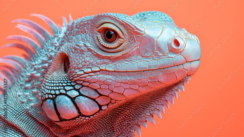 Fototapeta premium A striking green iguana exhibits its textured skin and vivid colors, basking in warm hues of the background while capturing the essence of tropical life in a magnificent display of nature’s artistry