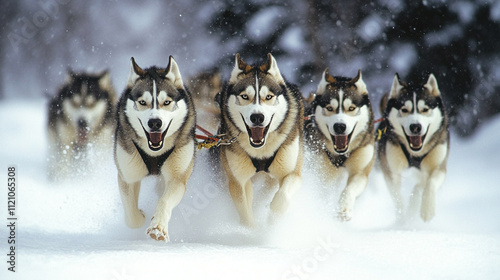 Siberian Huskies Sled Dog Team Racing in Snowstorm photo