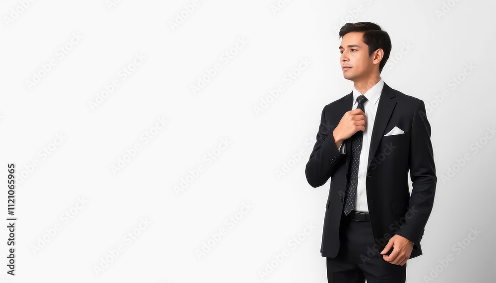 Young Man Adjusting His Black Suit Against White Background Young Man Adjusting His Black Suit Against White Background