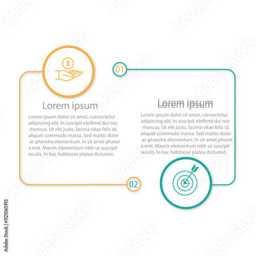 Business info template. 2 Steps timeline journey. Process diagram, 2 options on white background.