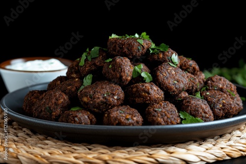 Savoring Traditional Middle Eastern KibbehA Culinary Delight Middle East Food Rustic Setting Close-Up Heritage Experience photo