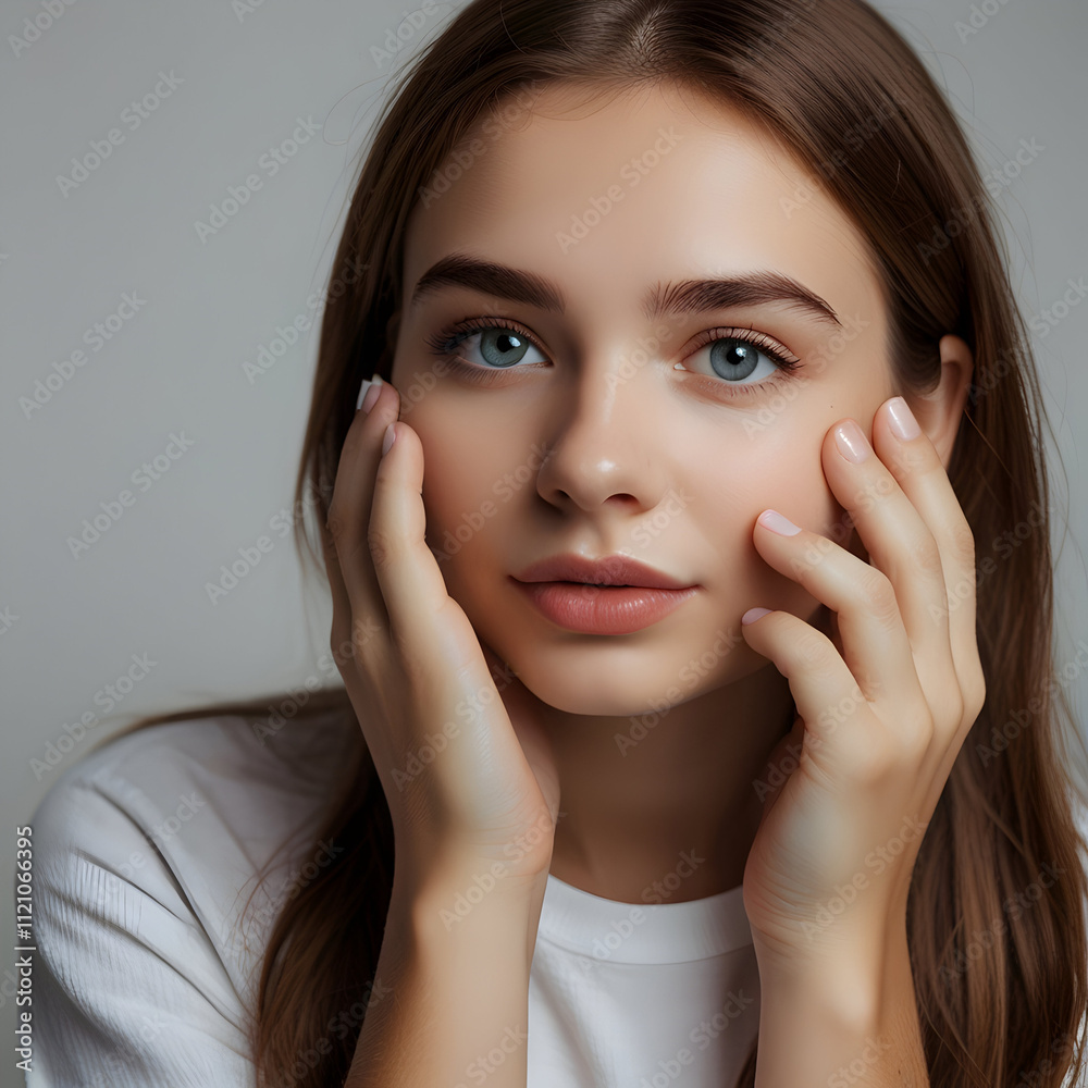 Beautiful young girl touching her face Beautiful young girl touching her face