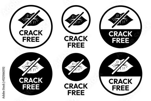 Crack Free lipstick icon set. Dry cracked woman lips logo, label, badge, icon, sticker, symbol, emblem, stamp, circle, black, line, flat vector, isolated illustration