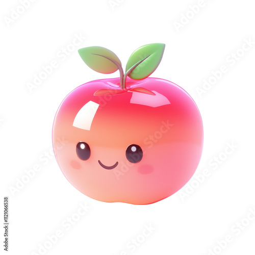 cute pink apple smiling character with face and leaves cutout on transparent background