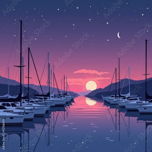 Harbor background at night under purple sky