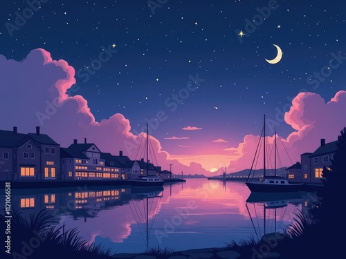 Harbor background at night under purple sky