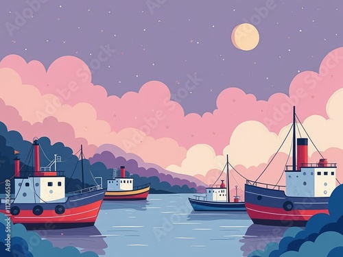 Harbor background at night under purple sky