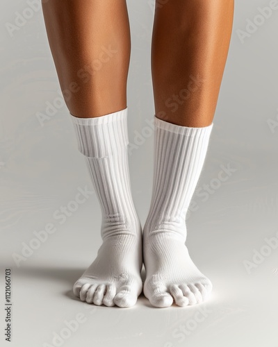 Elegant mockup of long white socks on beautiful female legs in tiptoe pose, front perspective photo