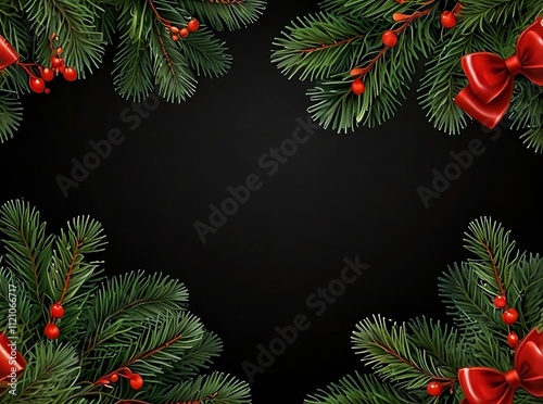 Christmas tree border with green pine branches, red bow, berries isolated on black background. Pine,snow, xmas evergreen plants frame.