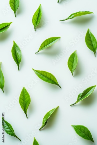 Green tea buds are arranged in a simple, soft and complex pattern on a white background.